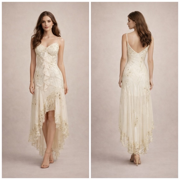 Vintage Sue Wong Nocturne Ivory Beaded Lace Asymmetrical Evening Dress Size 4